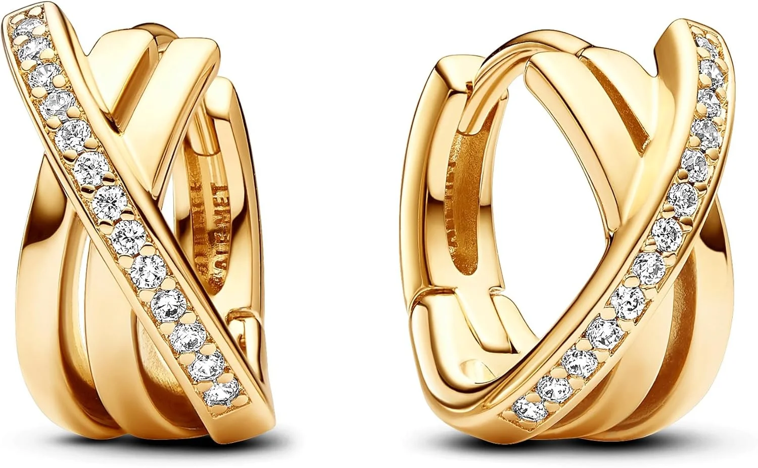 گوشواره های حلقه ای ضربدری پاندورا سیگنچر با روکش طلای 14 عیار و نگین های زیرکونیا مکعبی شفاف