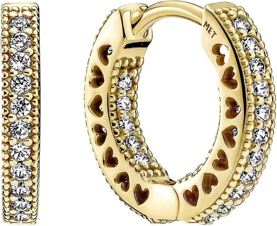 گوشواره های حلقه ای قلب نگین دار پاندورا زنانه - روکش طلای 14 عیار با زیرکونیا مکعبی