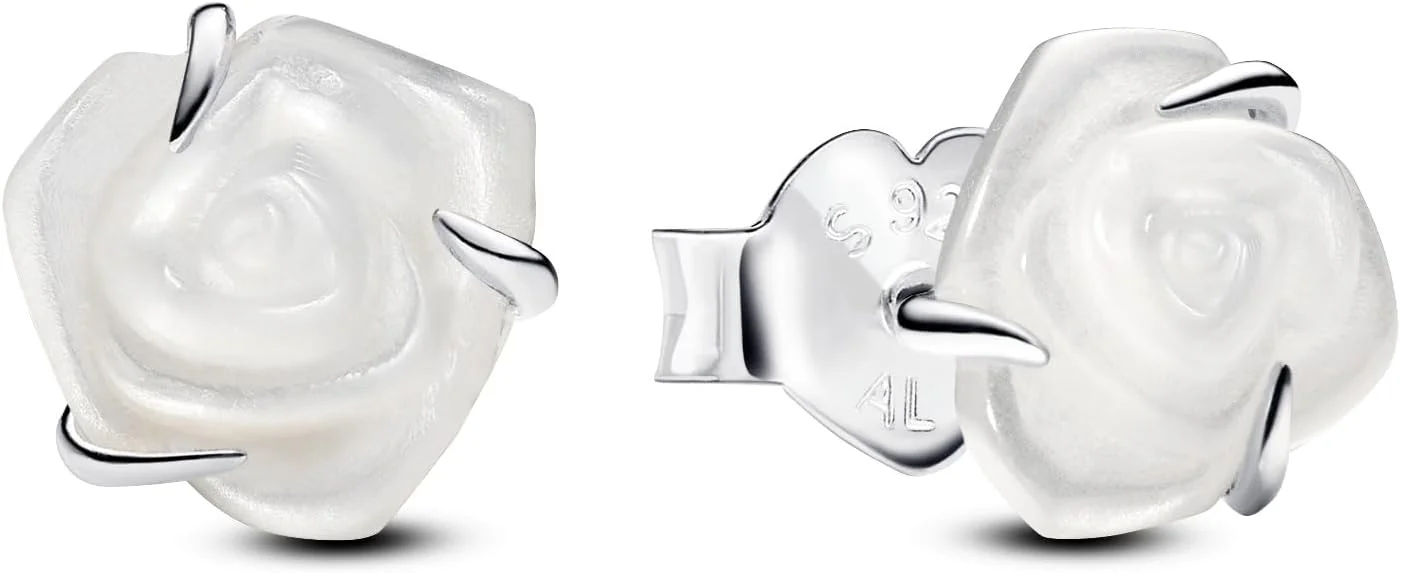 گوشواره های میخی گل رز سفید از جنس نقره استرلینگ با صدف مصنوعی بایورزین سفید مجموعه پاندورا Moments