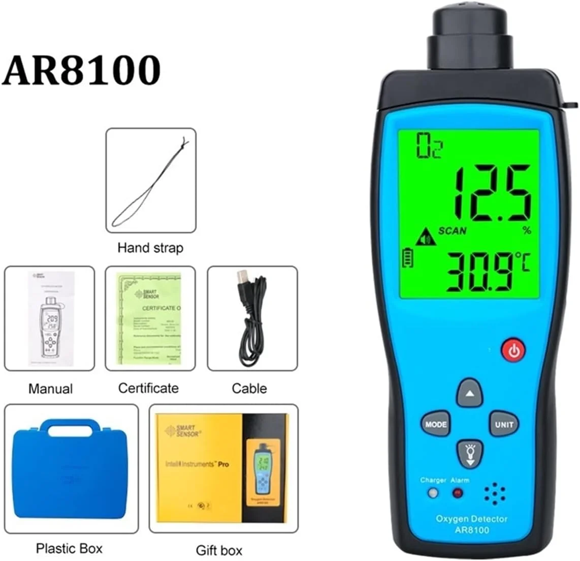 TTGLRT دستگاه تشخیص گاز، اکسیژن متر دیجیتال O2، آلارم صوتی و نوری، صفحه نمایش LCD با قابلیت نمایش دما (Ar8100)
