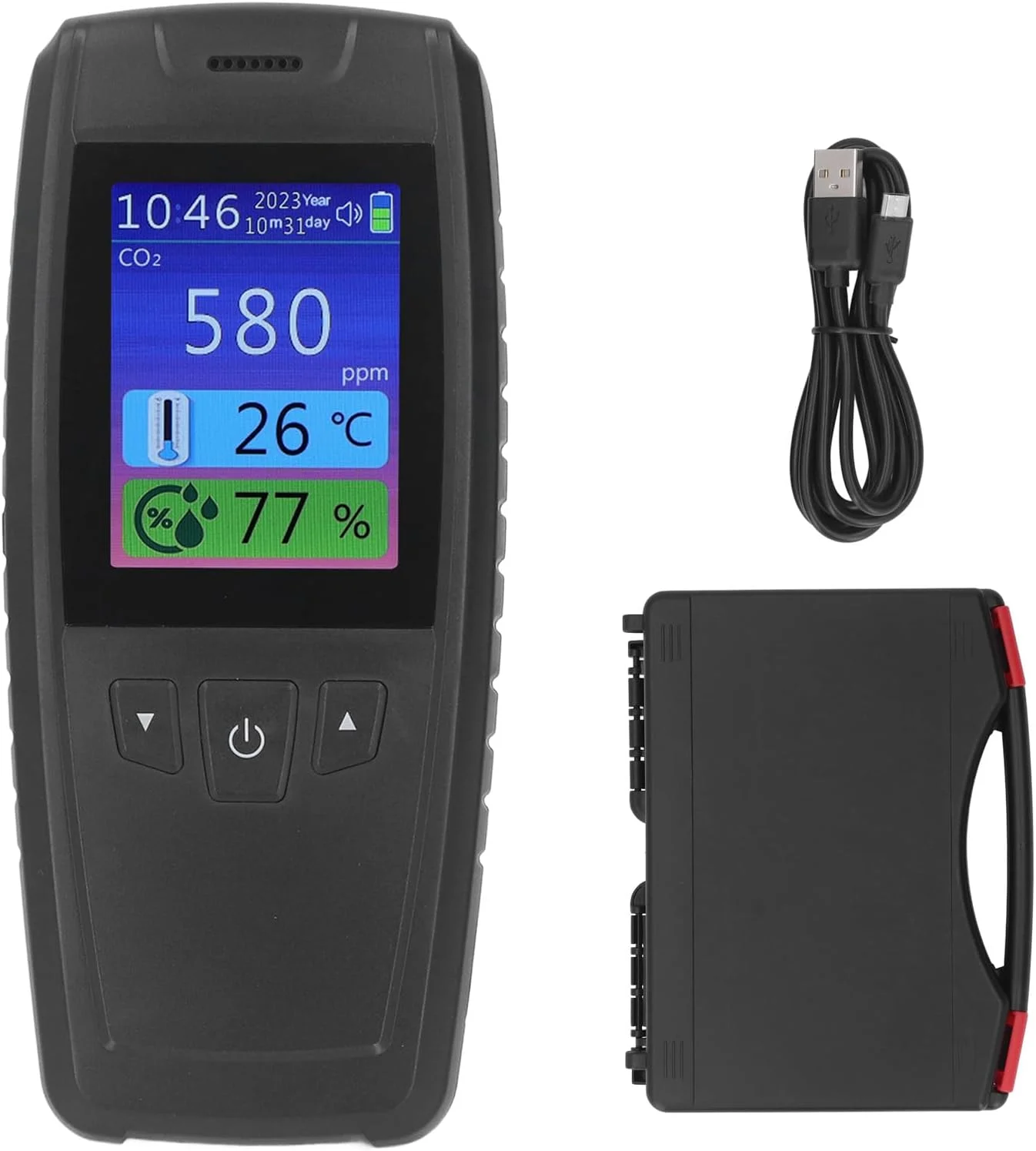 دستگاه تشخیص دی اکسید کربن Torvex، مانیتور 3 در 1 دی اکسید کربن با سنسور دما و رطوبت، دستگاه سنجش کیفیت هوای داخلی، دستگاه مانیتورینگ غلظت CO2