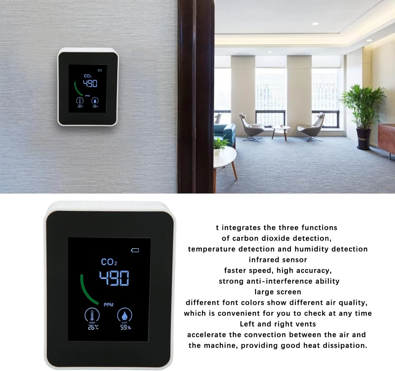 دستگاه تشخیص دی اکسید کربن مادون قرمز 3 در 1 Topyond، مانیتور کیفیت هوای قابل اعتماد، تستر دما و رطوبت، ضد تداخل، ایده آل برای خانه و دفتر (سفید)