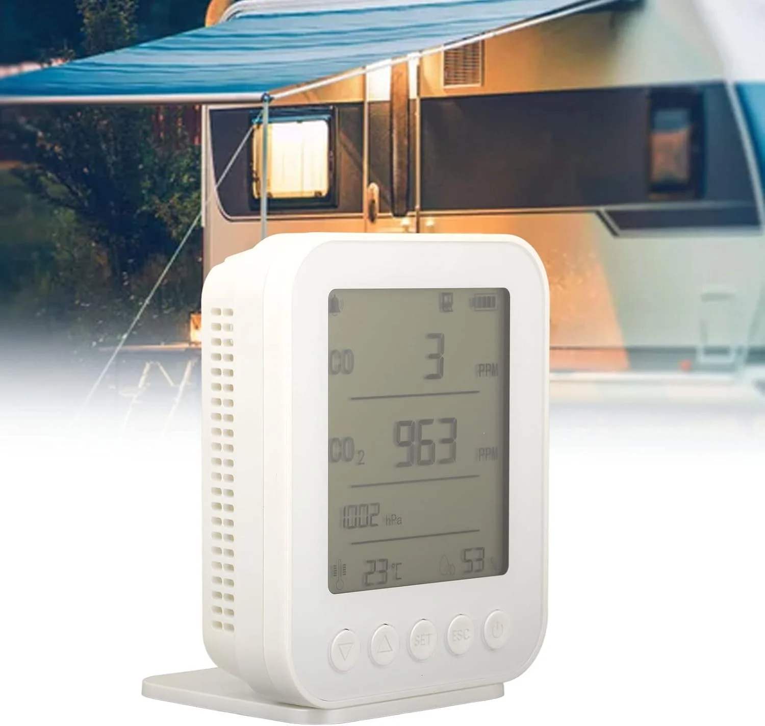 مانیتور کیفیت هوای Torvex، ردیاب CO2، رطوبت، دماسنج، فشارسنج 7 در 1 5 ولت سفید