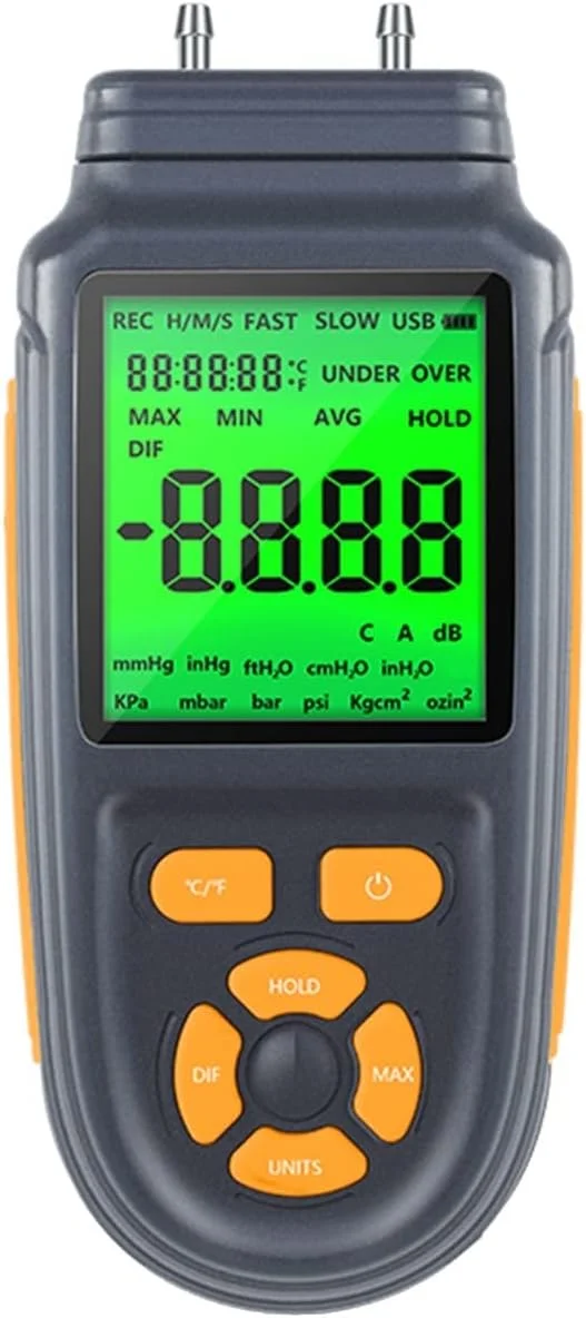 تستر کابل شبکه TMKJZL مانومتر دیجیتال تستر فشار هوا دو پورت گیج فشار هوا با صفحه نمایش LCD با نور پس زمینه تغذیه شده با کابل باتری/USB یاب خط تلفن زیرزمینی (زرد 169B)