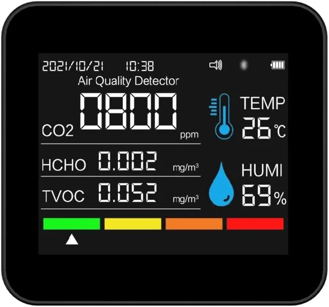 دستگاه سنجش 9 در 1 دی اکسید کربن BT با کیفیت A، تاریخ و زمان، CO2، TVOC، HCHO، PM2.5، PM1.0، PM10، دما و رطوبت، پشتیبانی از کنترل برنامه با عملکرد هشدار برای خانه، دفتر، خودرو، DOOMUN