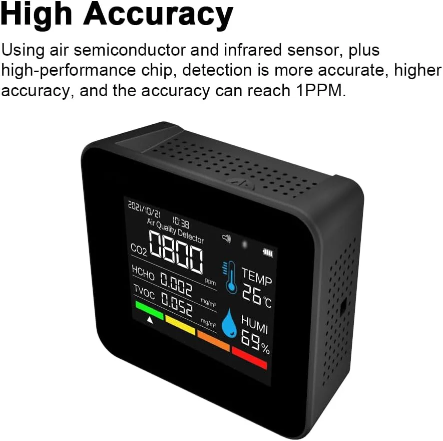 دستگاه سنجش 9 در 1 دی اکسید کربن BT با کیفیت A، تاریخ و زمان، CO2، TVOC، HCHO، PM2.5، PM1.0، PM10، دما و رطوبت، پشتیبانی از کنترل برنامه با عملکرد هشدار برای خانه، دفتر، خودرو، DOOMUN