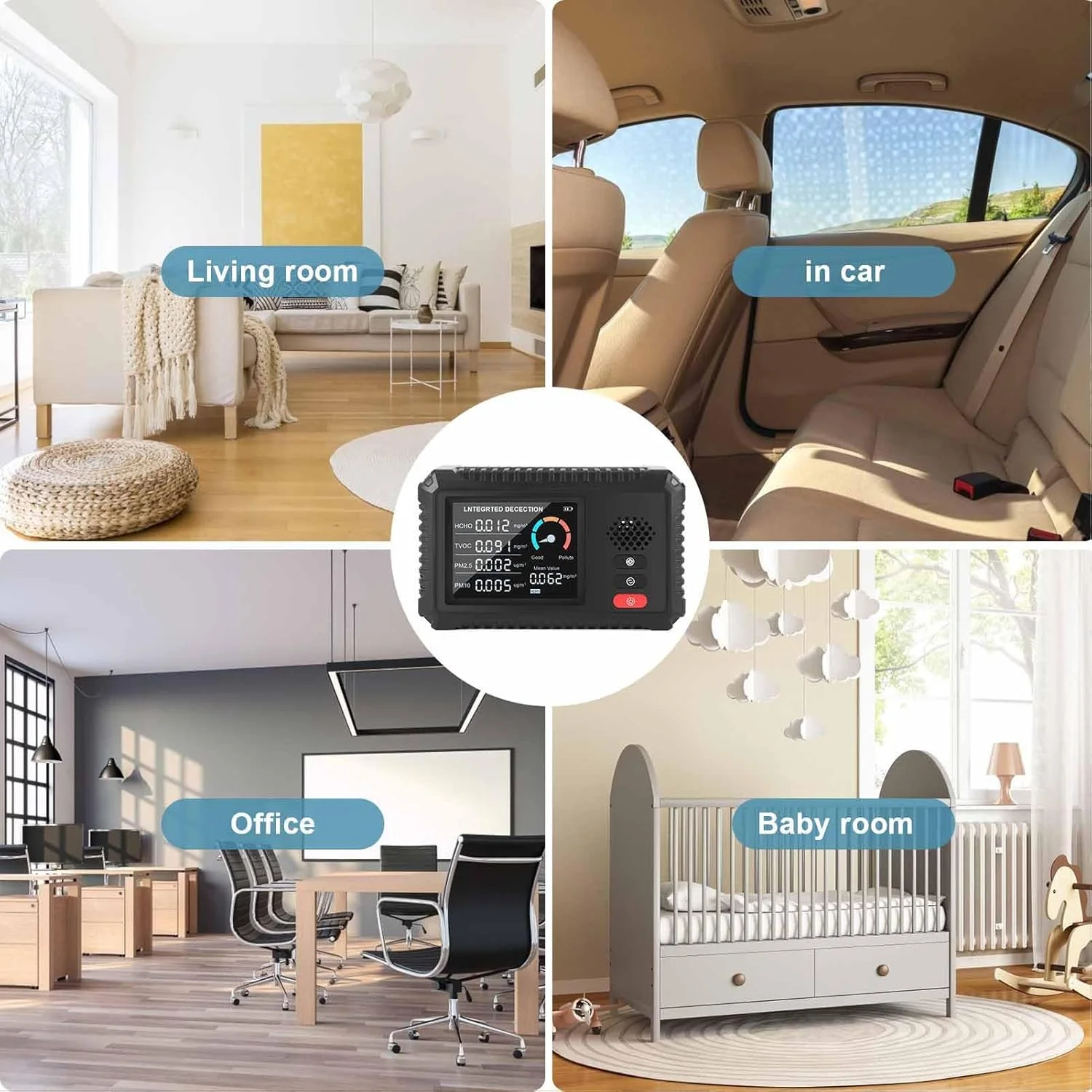 دستگاه تشخیص کیفیت چند منظوره Tihebeyan برای اندازه گیری HCHO TVOC PM2.5 PM10 مناسب اتاق خواب، خودرو و کمپینگ