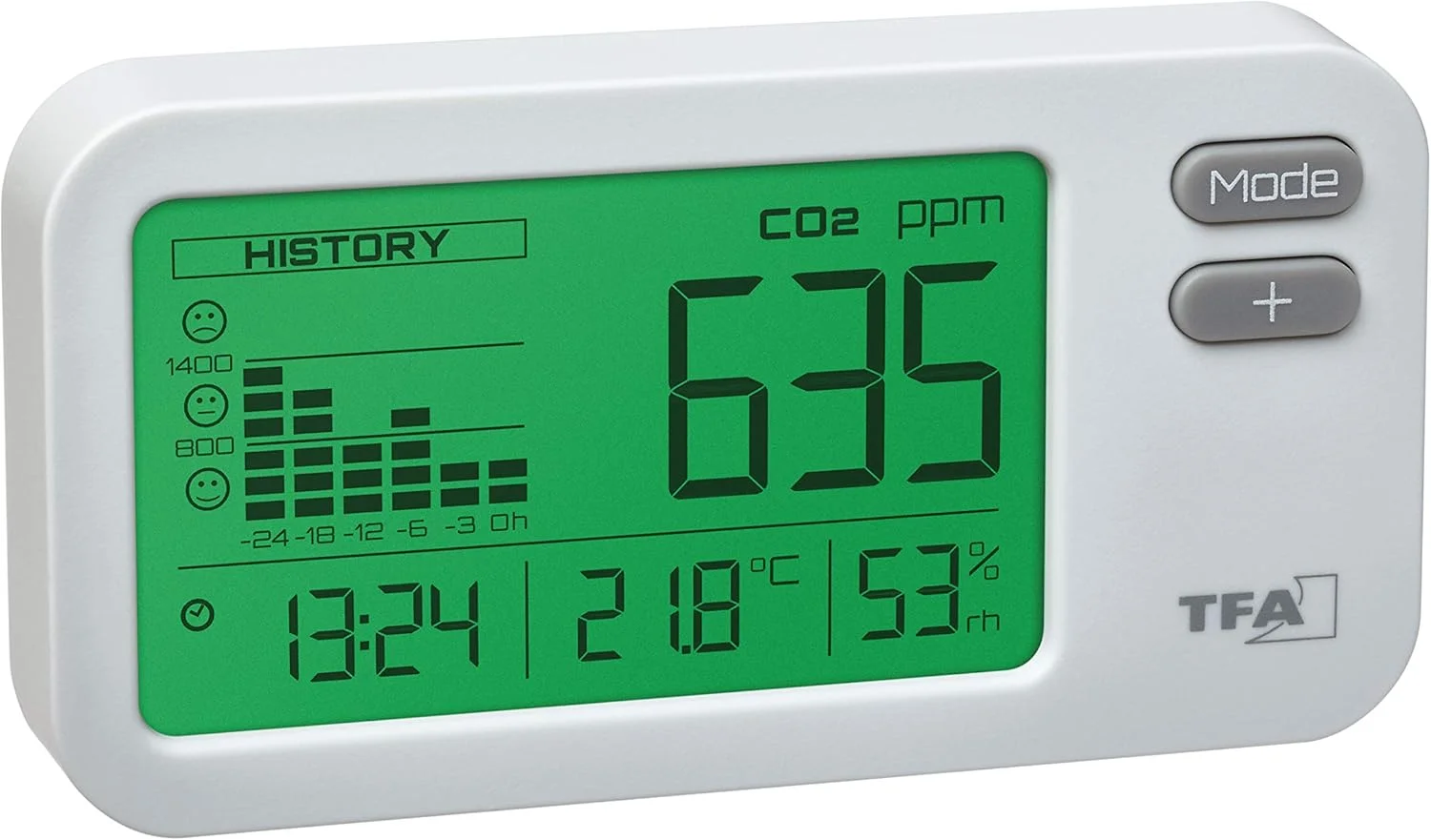 مانیتور دی اکسید کربن TFA Dostmann Aircontrol Coach مدل 31.5009.02، سفید، L145 x W35 x H100 میلی متر