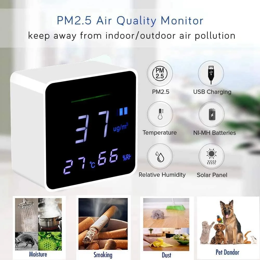 مانیتور کیفیت هوا PM2.5، دما، رطوبت، تشخیص آلودگی هوای داخلی به صورت لحظه ای، کوچک و قابل حمل با عمر باتری طولانی مانیتور کیفیت هوا PM2.5، دما، رطوبت، تشخیص آلودگی هوای داخلی به صورت لحظه ای، کوچک و قابل حمل با عمر باتری طولانی