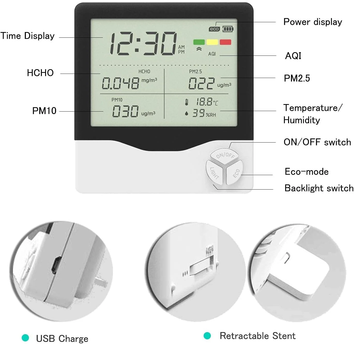 مانیتور کیفیت هوای داخلی برای PM2.5/PM10 HCHO AQI دما رطوبت با ساعت زنگ دار، آشکارساز هوای چند منظوره حرفه ای مانیتور کیفیت هوای داخلی برای PM2.5/PM10 HCHO AQI دما رطوبت با ساعت زنگ دار، آشکارساز هوای چند منظوره حرفه ای