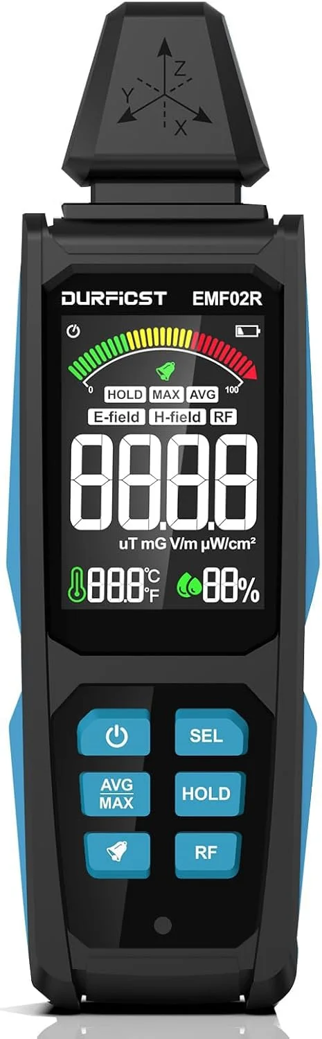 دستگاه تشخیص EMF تریفی، 5 در 1 دیجیتال قابل شارژ، اندازه گیری دما و رطوبت محیط، ایده آل برای دکل های تلفن همراه، کنتورهای هوشمند، تشخیص EMF خانگی و شکار ارواح