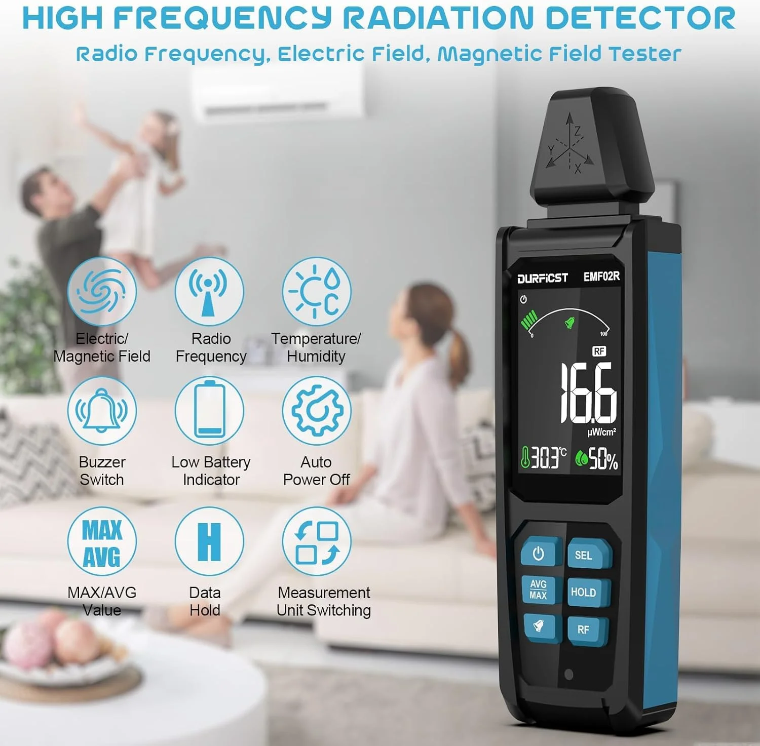 دستگاه تشخیص EMF تریفی، 5 در 1 دیجیتال قابل شارژ، اندازه گیری دما و رطوبت محیط، ایده آل برای دکل های تلفن همراه، کنتورهای هوشمند، تشخیص EMF خانگی و شکار ارواح