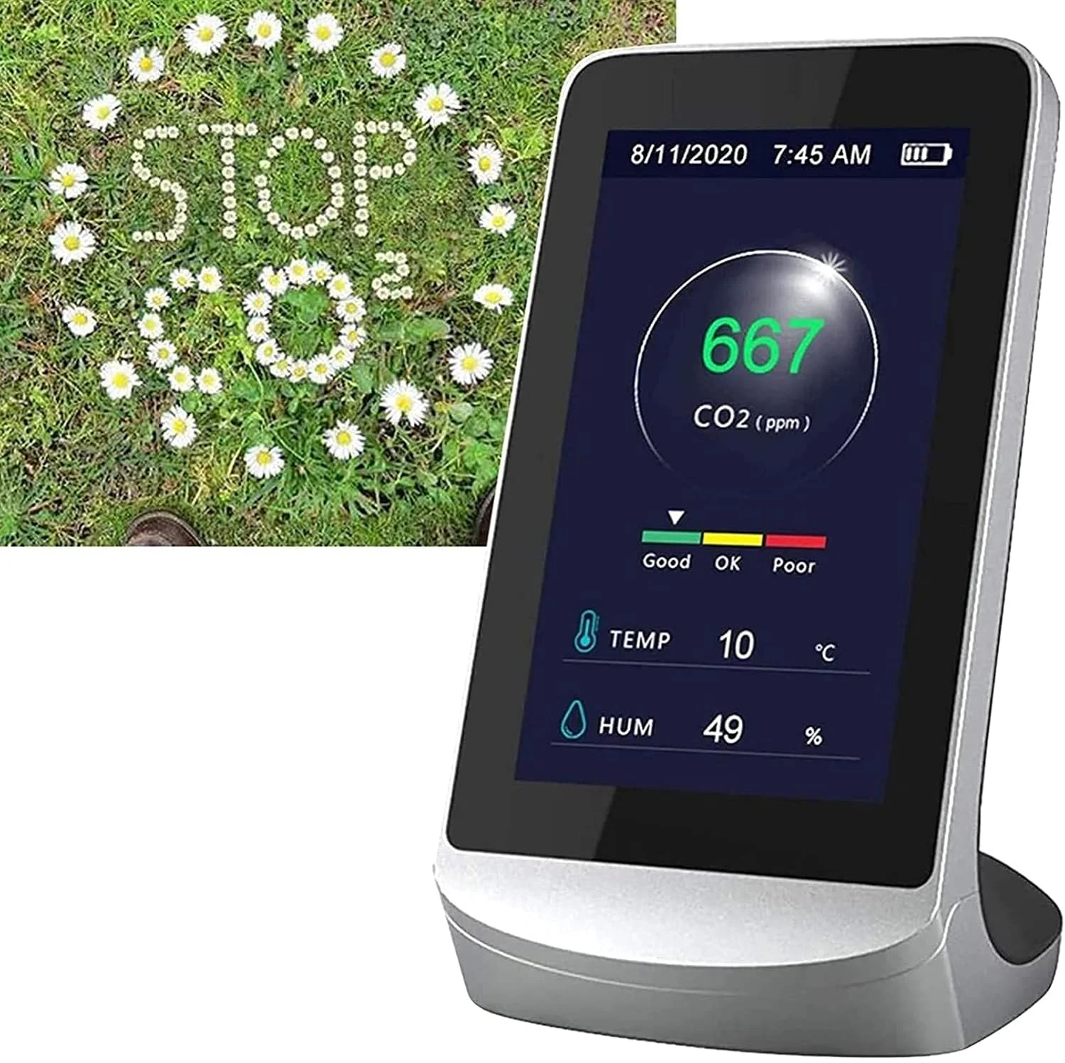 صفحه نمایش CO2 دما و رطوبت، آشکارساز چند منظوره رومیزی خانگی داخلی با دقت بالا، ابزارهای تشخیص کارآمد، آنالایزر کیفیت هوا، نظارت بر کیفیت هوا