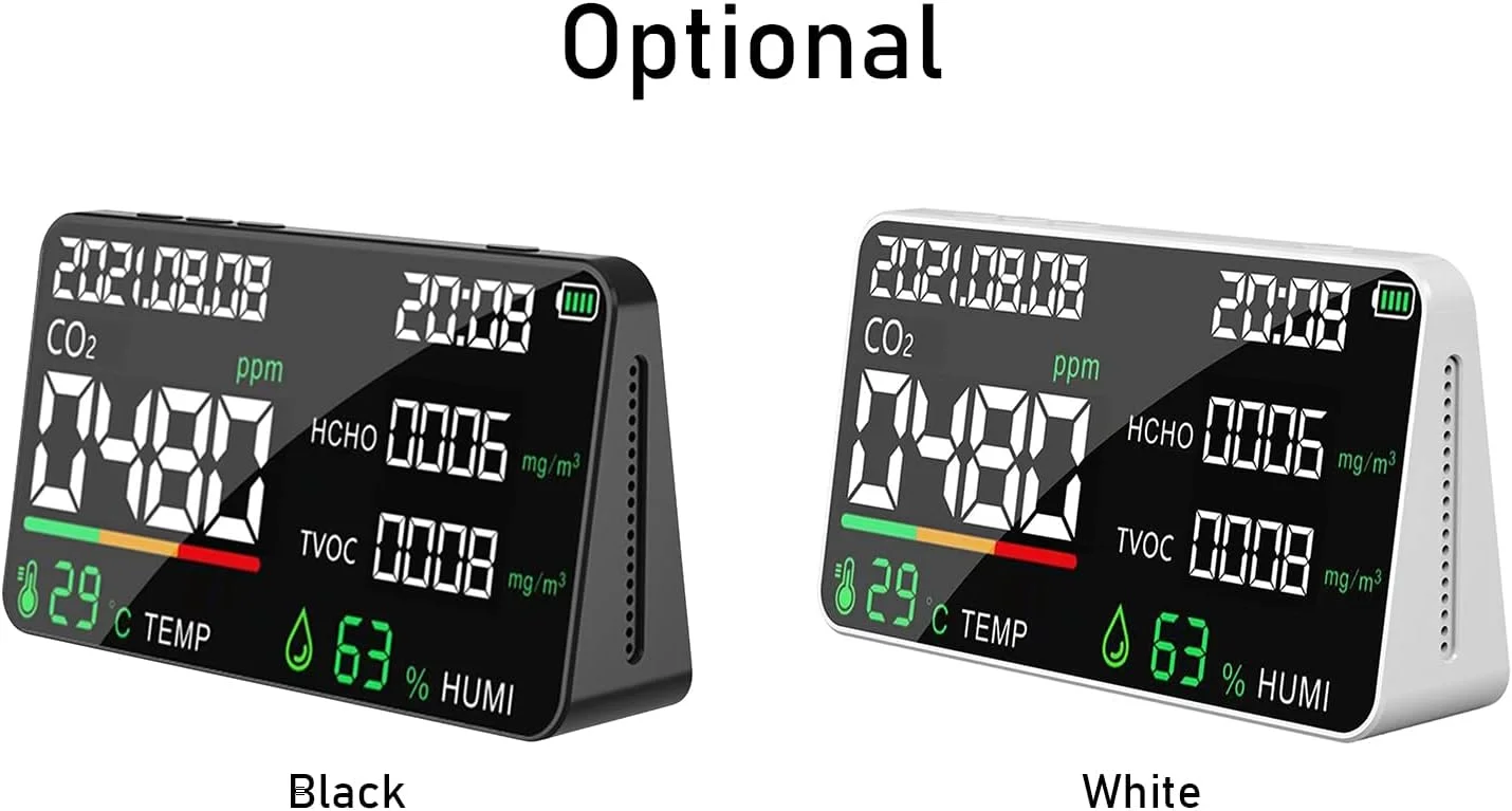دستگاه سنجش کیفیت هوا 5 در 1 با صفحه نمایش LED دیجیتال، سنجش CO2، HCHO، TVOC، دما و رطوبت، قابل شارژ از طریق USB، دستگاه NDIR برای اندازه گیری دی اکسید کربن در محیط های داخلی مانند اتاق، دفتر، گلخانه و انبار