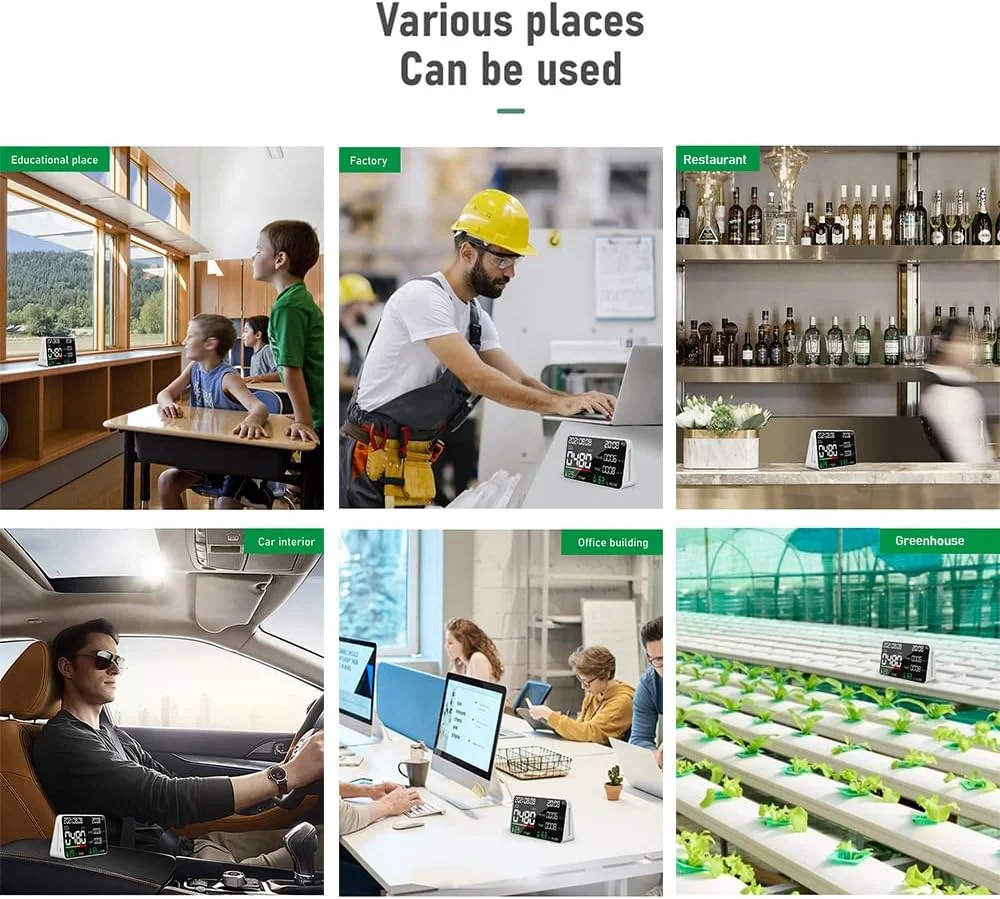 دستگاه سنجش کیفیت هوا 5 در 1 با صفحه نمایش LED دیجیتال، سنجش CO2، HCHO، TVOC، دما و رطوبت، قابل شارژ از طریق USB، دستگاه NDIR برای اندازه گیری دی اکسید کربن در محیط های داخلی مانند اتاق، دفتر، گلخانه و انبار