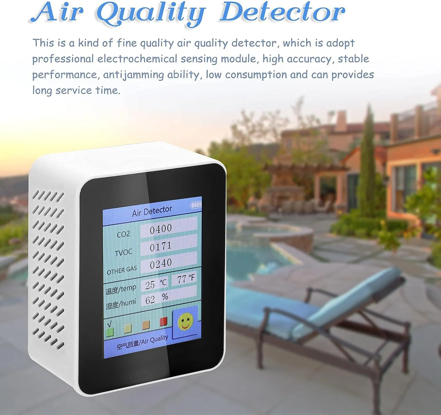 دستگاه سنجش کیفیت هوا، 4 در 1 TVOC/CO2/دما/رطوبت، قابل حمل و شارژی، مناسب برای کاشت، گلخانه، سبزیجات و دکوراسیون منزل