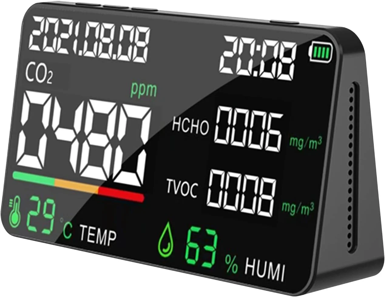 دستگاه سنجش کیفیت هوا 5 در 1 با صفحه نمایش LED دیجیتال، سنجش CO2، HCHO، TVOC، دما و رطوبت، قابل شارژ از طریق USB، دستگاه NDIR برای سنجش دی اکسید کربن در محیط های داخلی مانند اتاق، دفتر، گلخانه و انبار