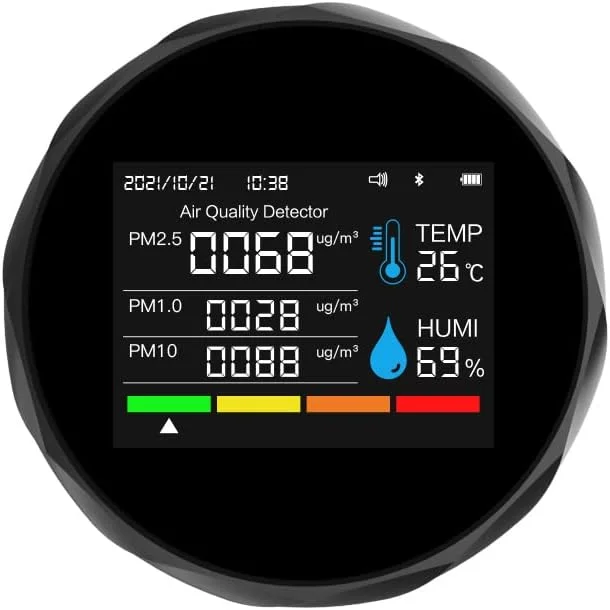 دستگاه سنجش کیفیت هوا PM2.5 PM10 PM1.0، تشخیص دما و رطوبت، نمایش تاریخ و زمان، نمایشگر لحظه ای، قابلیت اتصال به تلفن همراه، مشکی