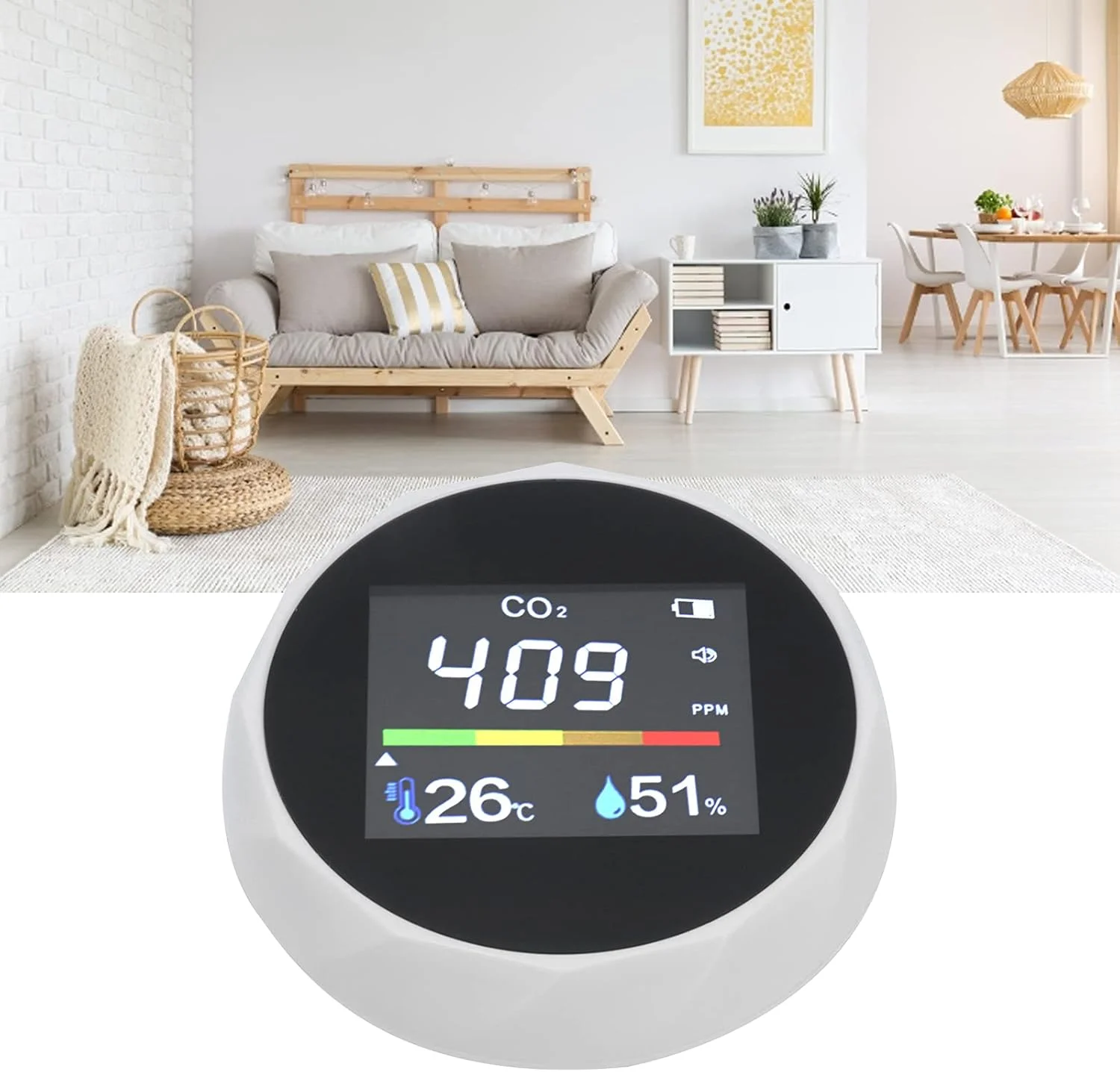 مانیتور کیفیت هوا، دماسنج رطوبت سنج قابل حمل با شارژ USB، تستر دی اکسید کربن با دقت بالا برای خانه، دفتر و سالن ورزشی (سفید)