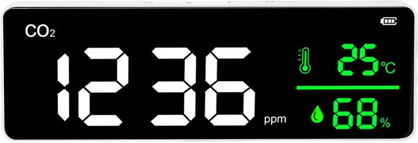 مانیتور دیواری CO2، رطوبت سنج و دماسنج خانگی با قابلیت نصب روی دیوار، دارای آلارم، باتری 2000mAh، رابط شارژ Micro USB و صفحه نمایش HD LCD