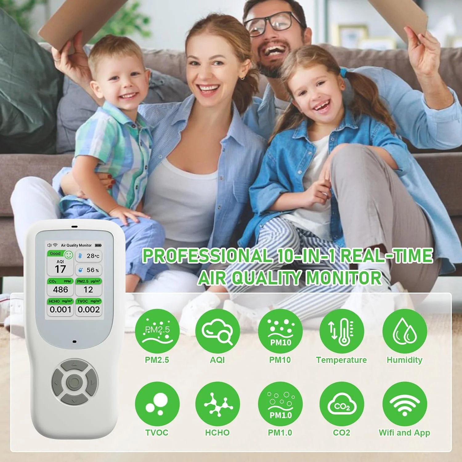 دستگاه سنجش کیفیت هوا 9 در 1، مانیتور کیفیت هوا NDIR WiFi با AQI/CO2/PM1.0/PM2.5/PM10/HCHO/TVOC، دما و رطوبت، ردیاب فرمالدهید قابل حمل با برنامه هوشمند برای خانه و دفتر