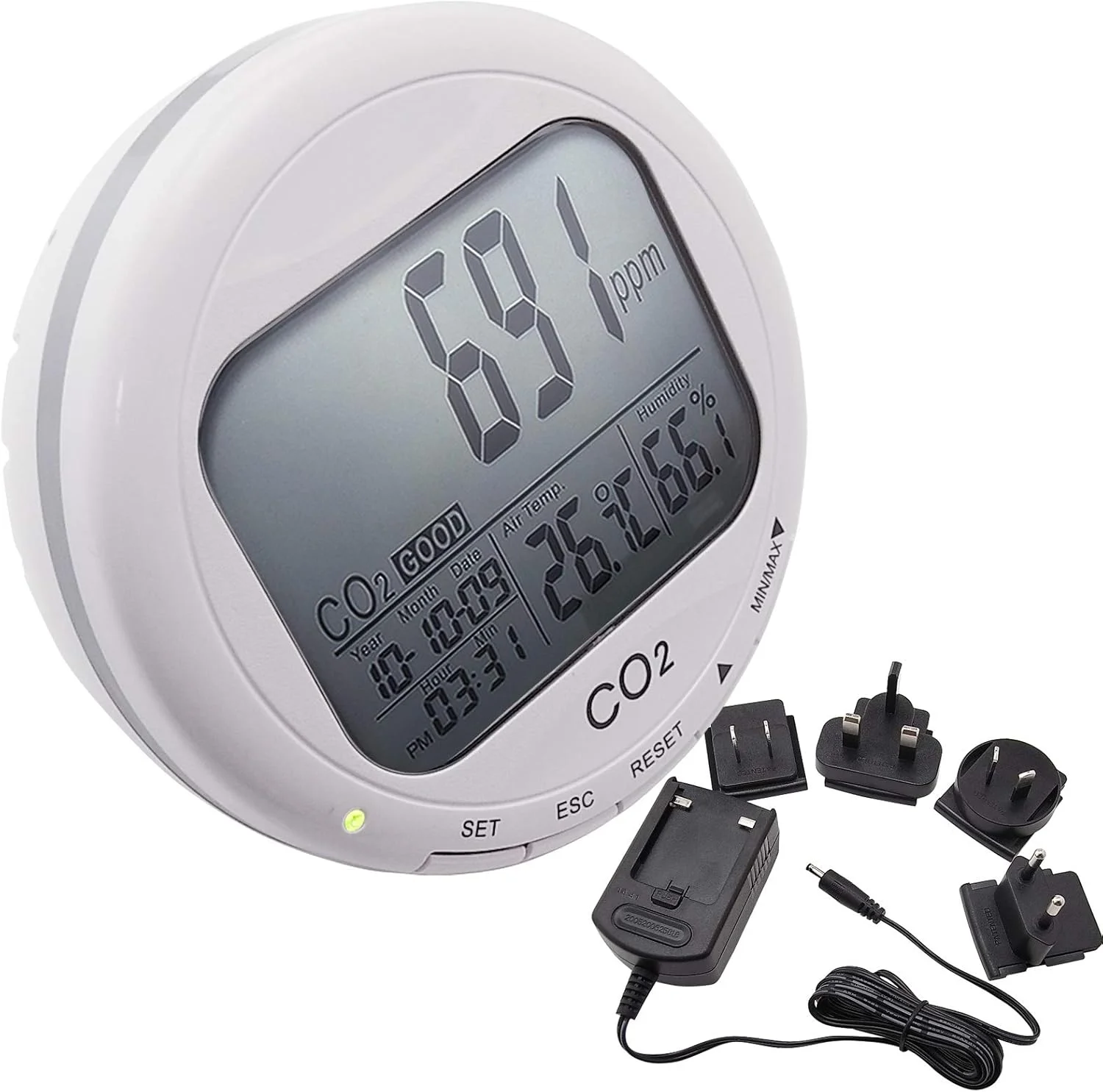 دستگاه تست کیفیت هوای داخل ساختمان، دما، رطوبت، دی اکسید کربن CO2 با سنسور مادون قرمز غیر پراکنده (NDIR) و 2 عملکرد هشدار (مانیتور CO2)