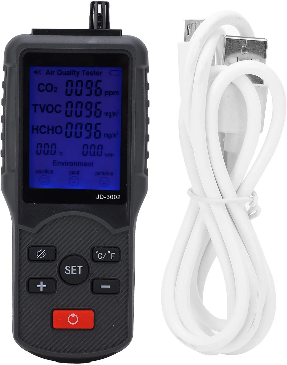 دستگاه سنجش کیفیت هوا CO2 TVOC دما و رطوبت، تستر صنعتی JD-3002 مناسب برای خانه، دفتر و محل کار