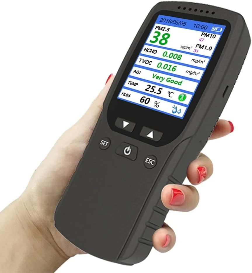دماسنج SVASTY 9 در 1، مانیتور کیفیت هوا، آنالایزر گاز، PM2.5، PM1.0، PM10، HCHO، آشکارساز TVOC، تستر سنجش گرد و غبار، سنسور دما و رطوبت داخلی