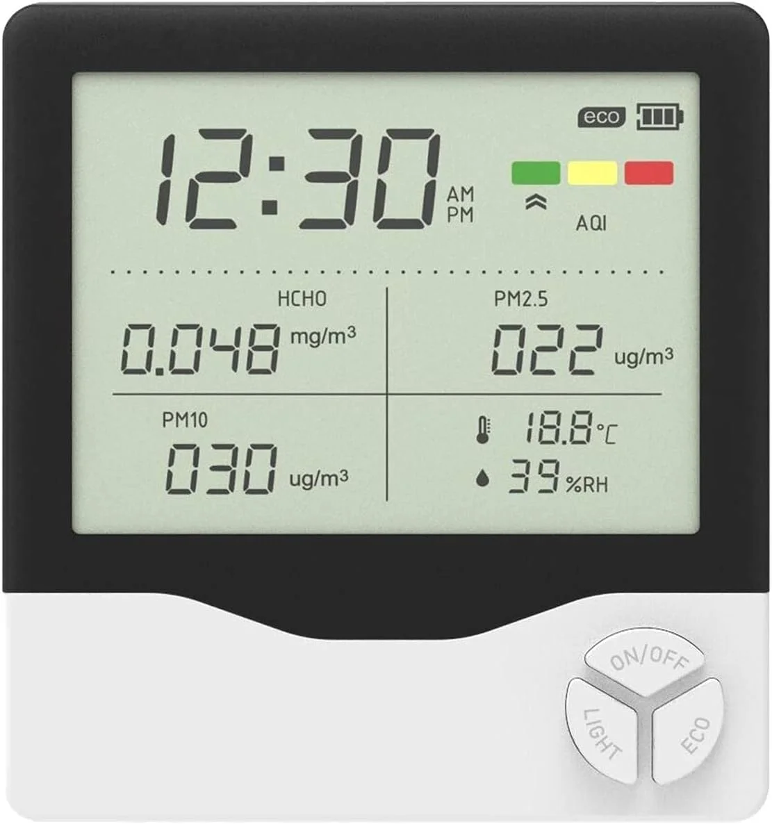 دستگاه سنجش کیفیت هوای داخل SVASTY برای PM2.5/PM10 HCHO AQI دما رطوبت با ساعت زنگ دار، آشکارساز هوای چند منظوره حرفه ای
