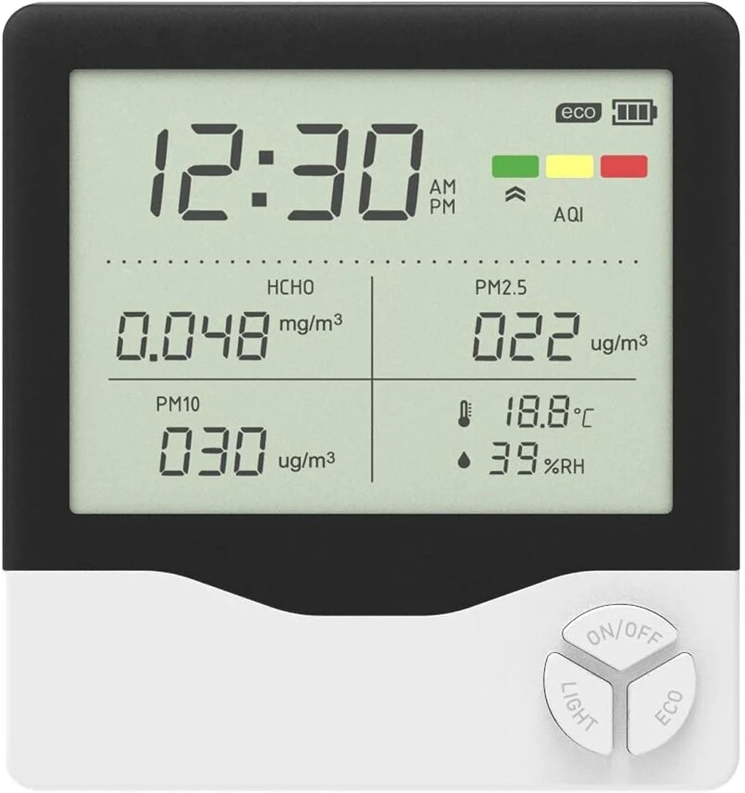 دستگاه سنجش کیفیت هوا SVASTY برای PM2.5/PM10 HCHO AQI دما رطوبت با ساعت زنگ دار، آشکارساز هوای چند منظوره حرفه ای
