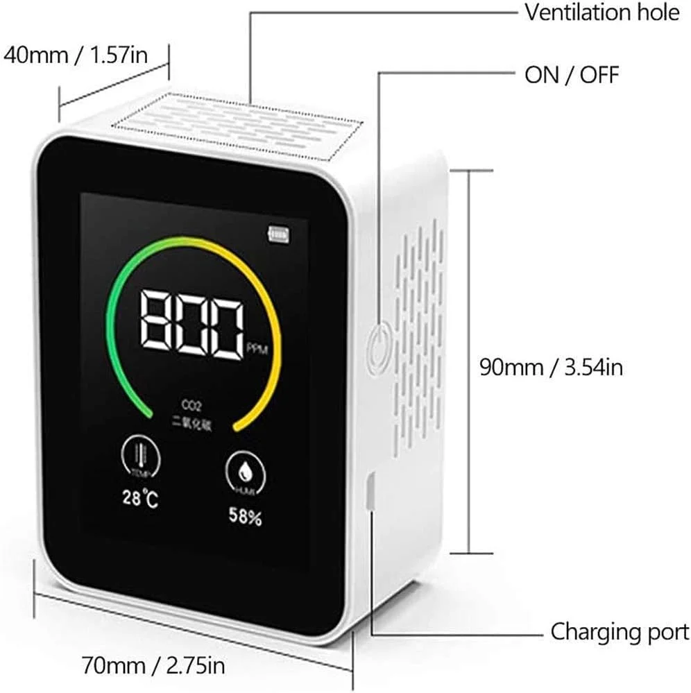 دستگاه سنجش کیفیت هوا SVASTY، مانیتور CO2، رطوبت و دما، نمایشگر رنگی LCD، آشکارساز چند منظوره گاز