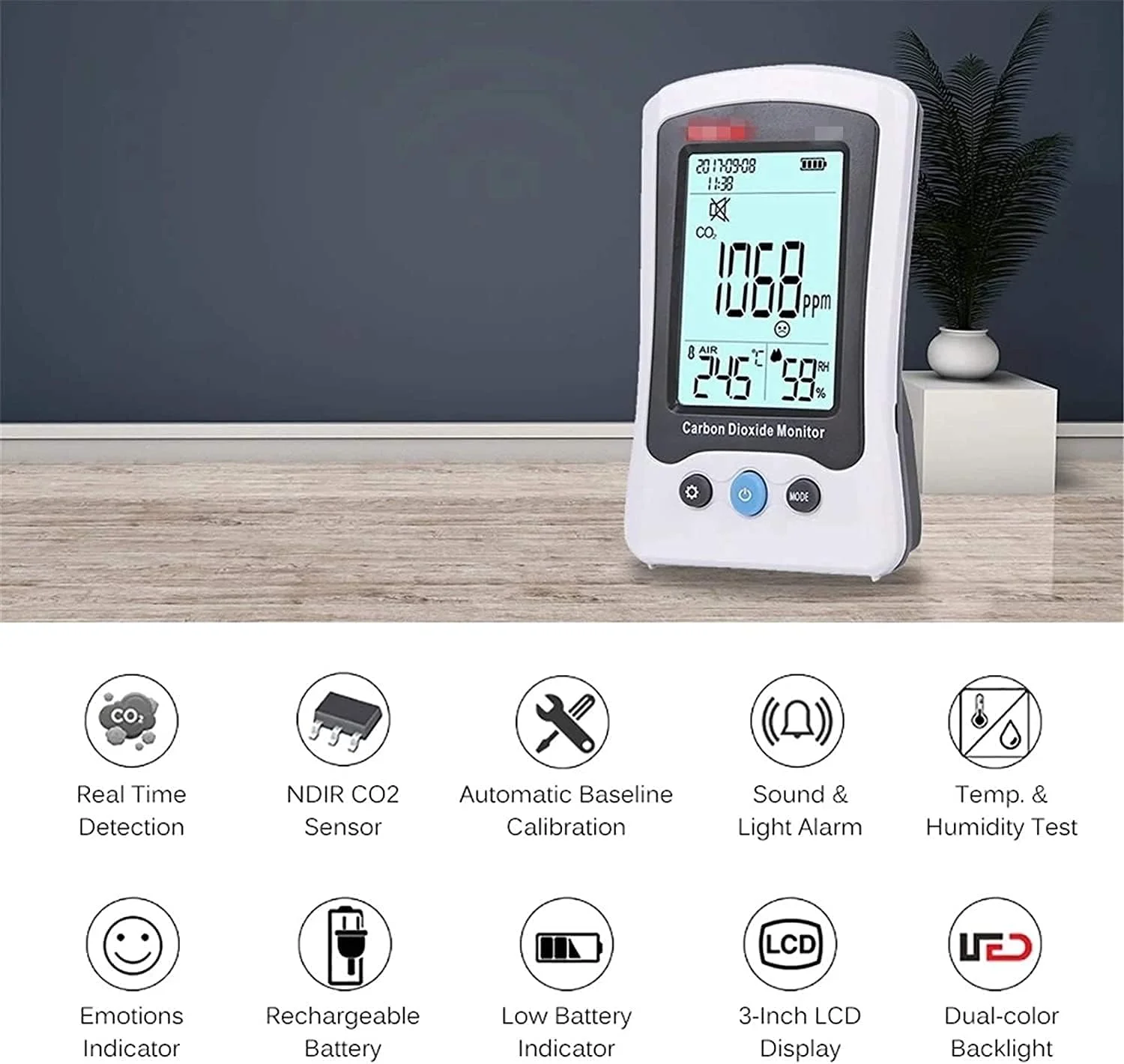 دستگاه تشخیص دی اکسید کربن SVASTY، مانیتور کیفیت هوا با باتری قابل شارژ 1500mAh برای آشپزخانه، خودرو و فضای داخلی