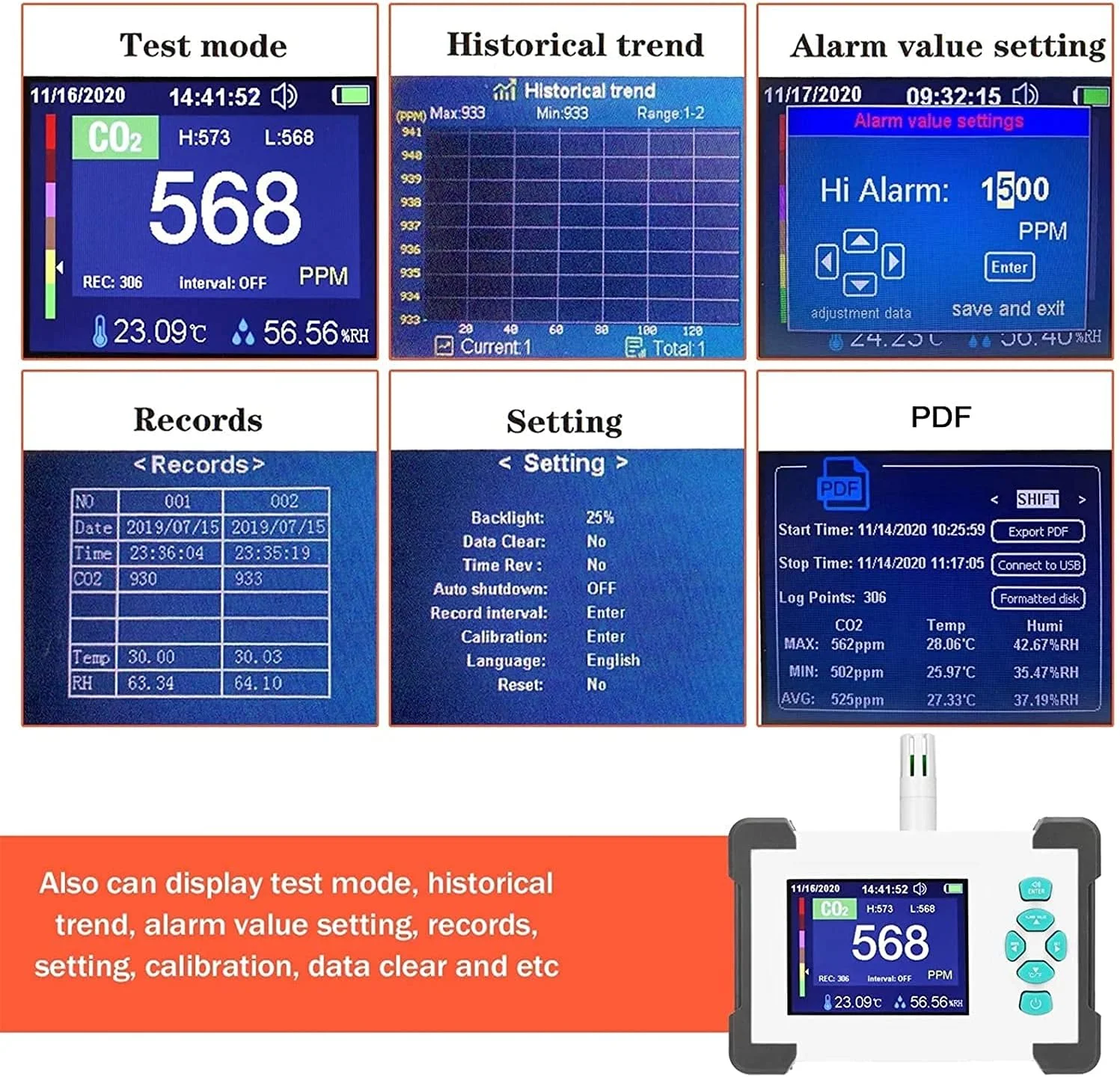 دستگاه تشخیص دی اکسید کربن SVASTY با صفحه نمایش 3.2 اینچی، سنجش کیفیت هوا، مانیتور CO2 با قابلیت تولید و خروجی فایل PDF مناسب برای آشپزخانه، خودرو و محیط های داخلی، بادوام