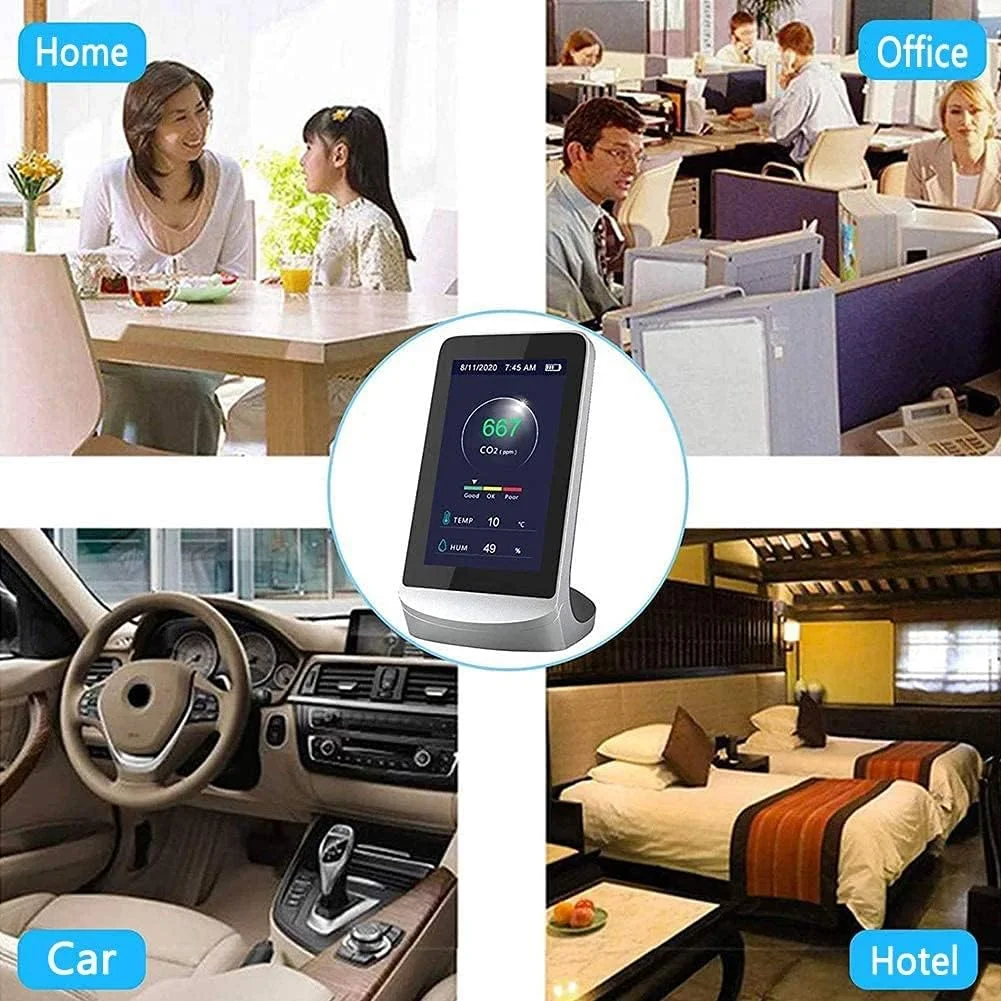 دستگاه سنجش دی اکسید کربن رومیزی SVASTY با صفحه نمایش دیجیتال 4.3 اینچی، دستگاه تشخیص کیفیت هوای داخل ساختمان 3 در 1، مانیتور دما و رطوبت، بادوام