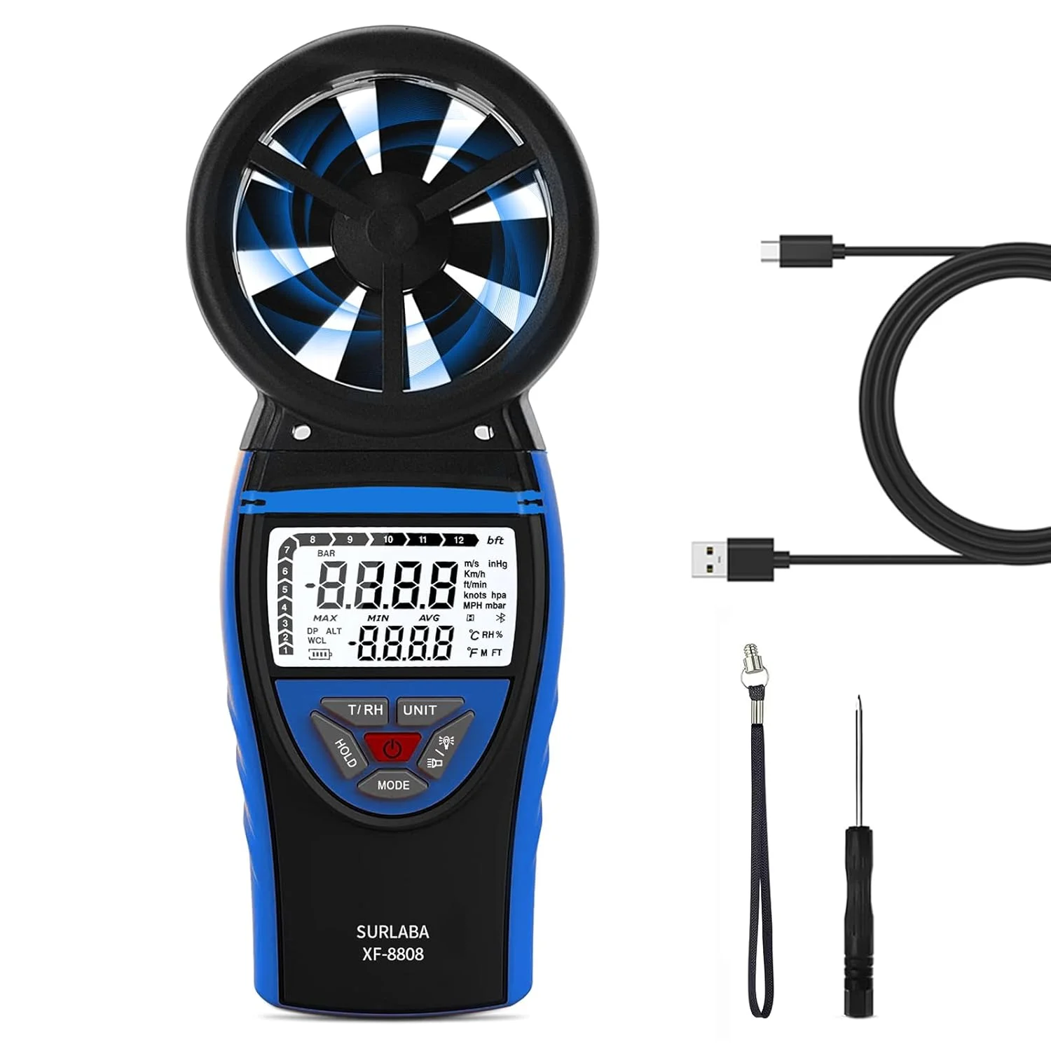 بادسنج دستی SURLABA، سرعت سنج دیجیتال باد با سنسور دما و رطوبت، CFM متر 0.3-30 متر بر ثانیه، LCD با نور پس زمینه، قابل شارژ برای پرواز پهپاد، گلف، قایقرانی، تیراندازی