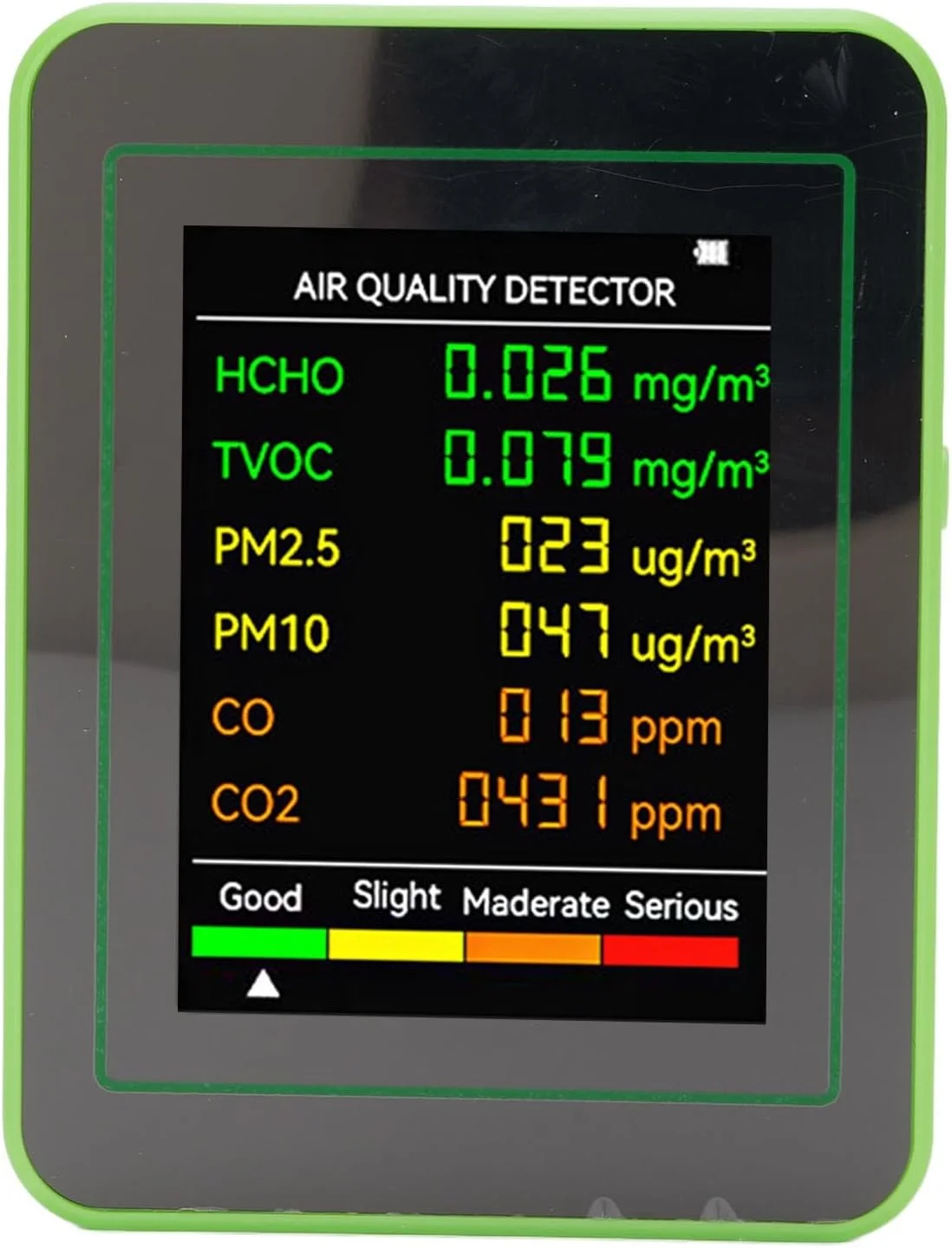 مانیتور کیفیت هوای داخلی سوراندی، مانیتور CO2 TVOC، تستر قابل حمل، صفحه نمایش دیجیتال LCD رنگی، تستر کیفیت هوا برای خانه با باتری قابل شارژ برای نظارت بر PM2.5، PM10، HCHO (سفید و سبز)