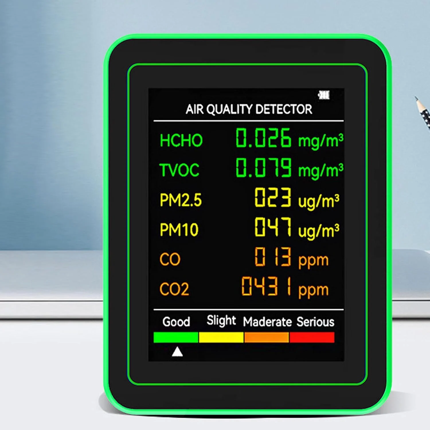 مانیتور کیفیت هوای داخلی سوراندی، مانیتور CO2 TVOC، تستر قابل حمل، صفحه نمایش دیجیتال LCD رنگی، تستر کیفیت هوا برای خانه با باتری قابل شارژ برای نظارت بر PM2.5، PM10، HCHO (سفید و سبز)