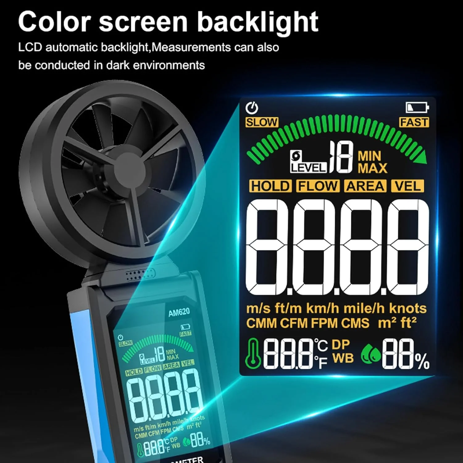 بادسنج دیجیتال Spacnana، سرعت سنج باد دستی با صفحه نمایش LCD دارای نور پس زمینه چرخش 180 درجه برای هواشناسی انرژی باد محیطی
