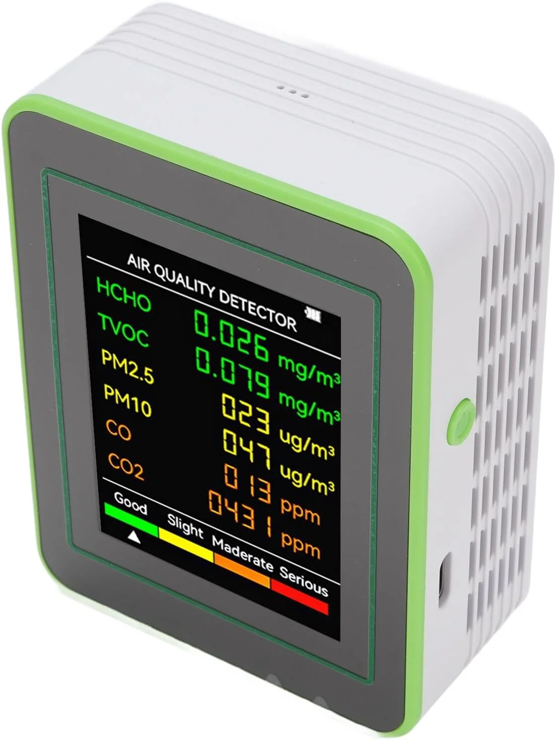 مانیتور کیفیت هوای داخلی سوراندی، مانیتور CO2 TVOC، تستر قابل حمل، صفحه نمایش دیجیتال LCD رنگی، تستر کیفیت هوا برای خانه با باتری قابل شارژ برای نظارت بر PM2.5، PM10، HCHO (سفید و سبز)
