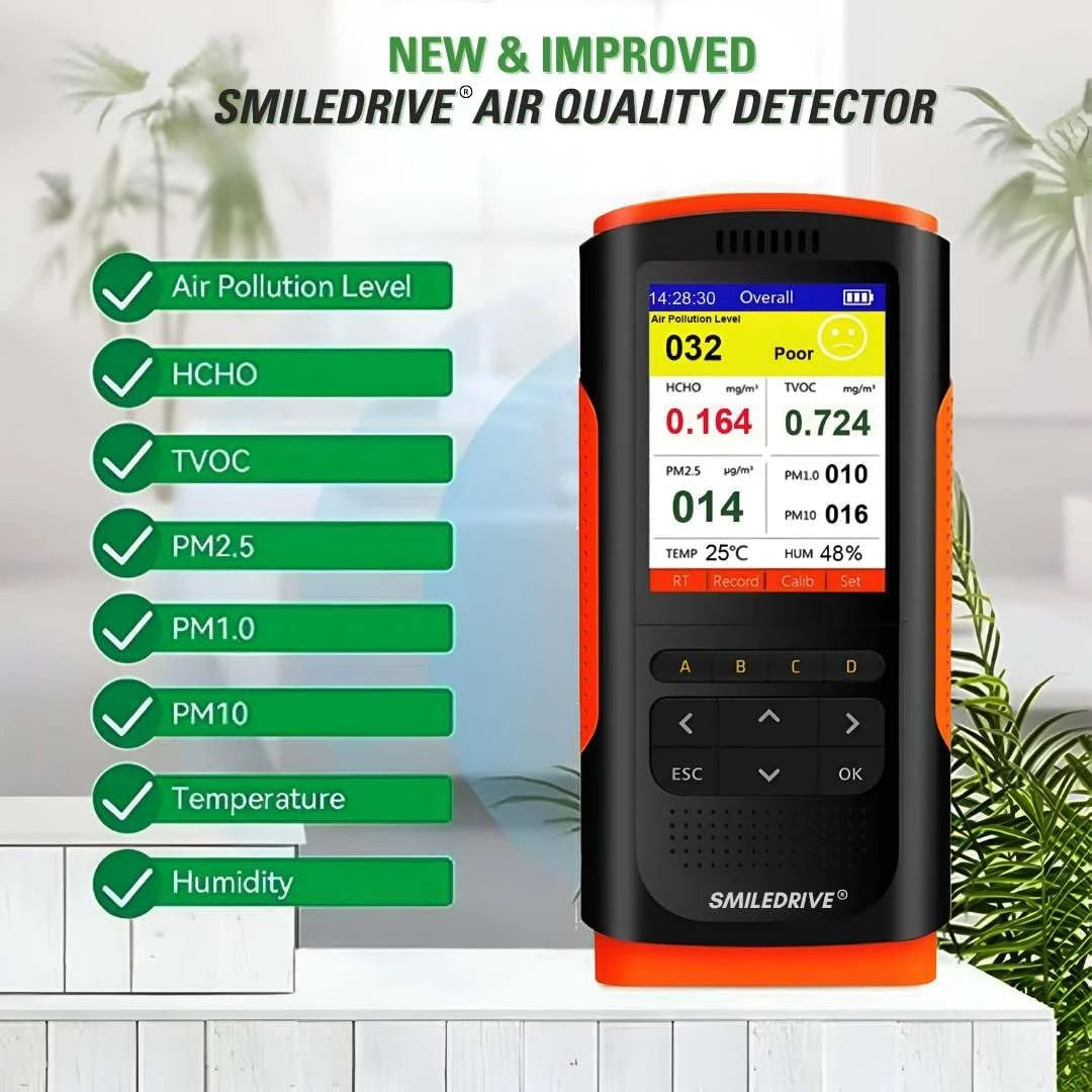 SMILEDRIVE® - دستگاه قابل حمل تشخیص آلودگی هوا با صفحه نمایش گرافیکی رنگی، PM 1/2.5/10، TVOC، HCHO، دما و رطوبت
