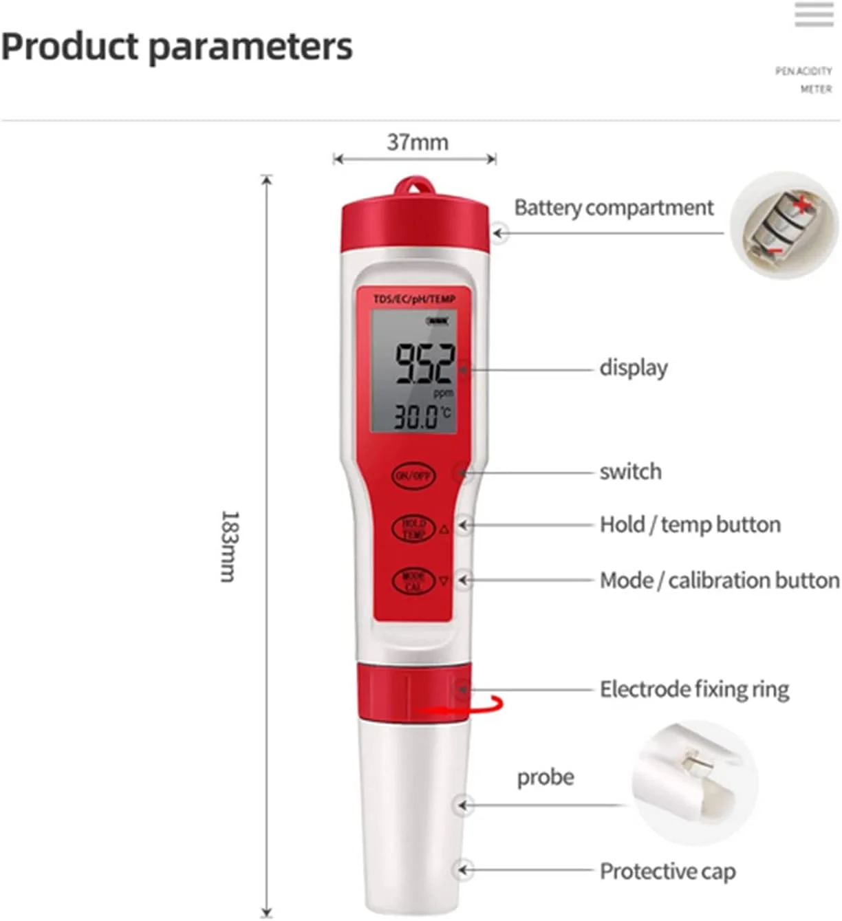 دستگاه تست کیفیت آب دیجیتال 4 در 1 SKEIDO، PH، EC، TDS، مانیتور حرفه ای PH/TDS/EC/دما برای استخر، آکواریوم، آب آشامیدنی