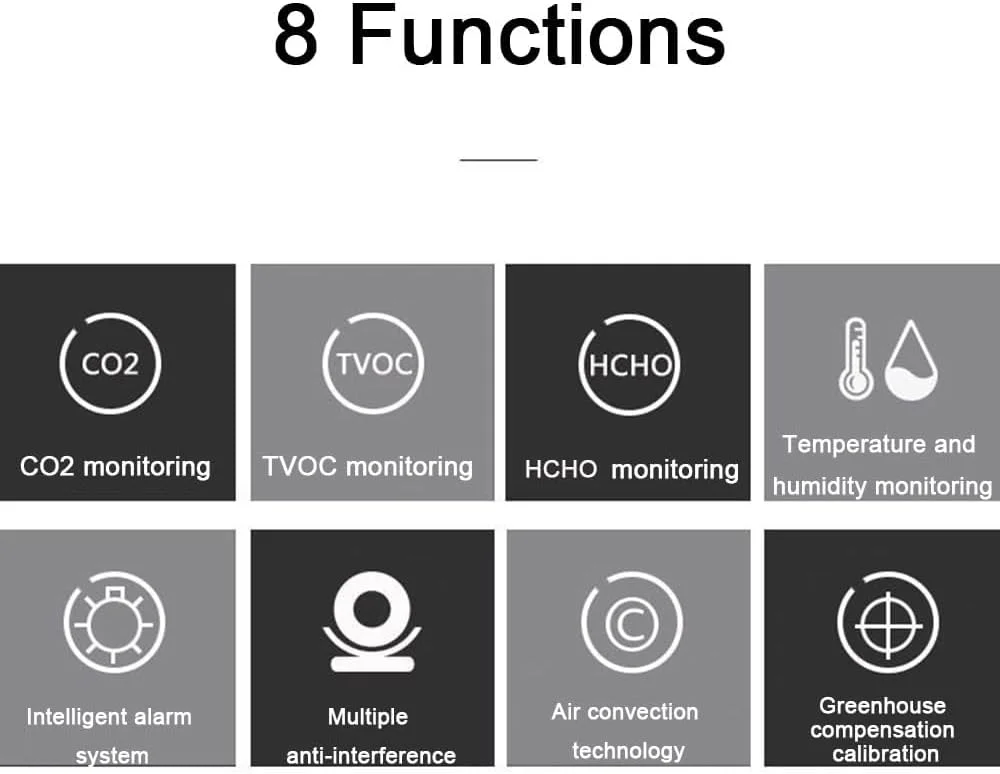 دستگاه سنجش کیفیت هوا Smgda 5 در 1، ردیاب دی اکسید کربن CO2، HCHO، TVOC، آنالیزور گاز دما و رطوبت، شارژ USB Type-C، آلارم صوتی/نوری در زمان واقعی برای خانه، دفتر، انبار، آزمایشگاه