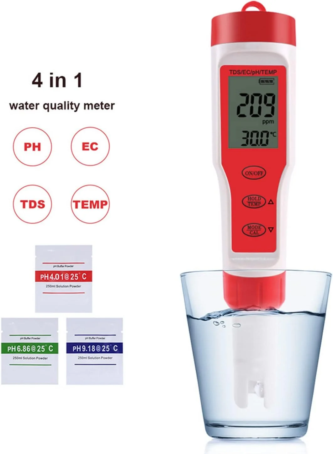 دستگاه تست کیفیت آب دیجیتال 4 در 1 SKEIDO، PH، EC، TDS، مانیتور حرفه ای PH/TDS/EC/دما برای استخر، آکواریوم، آب آشامیدنی