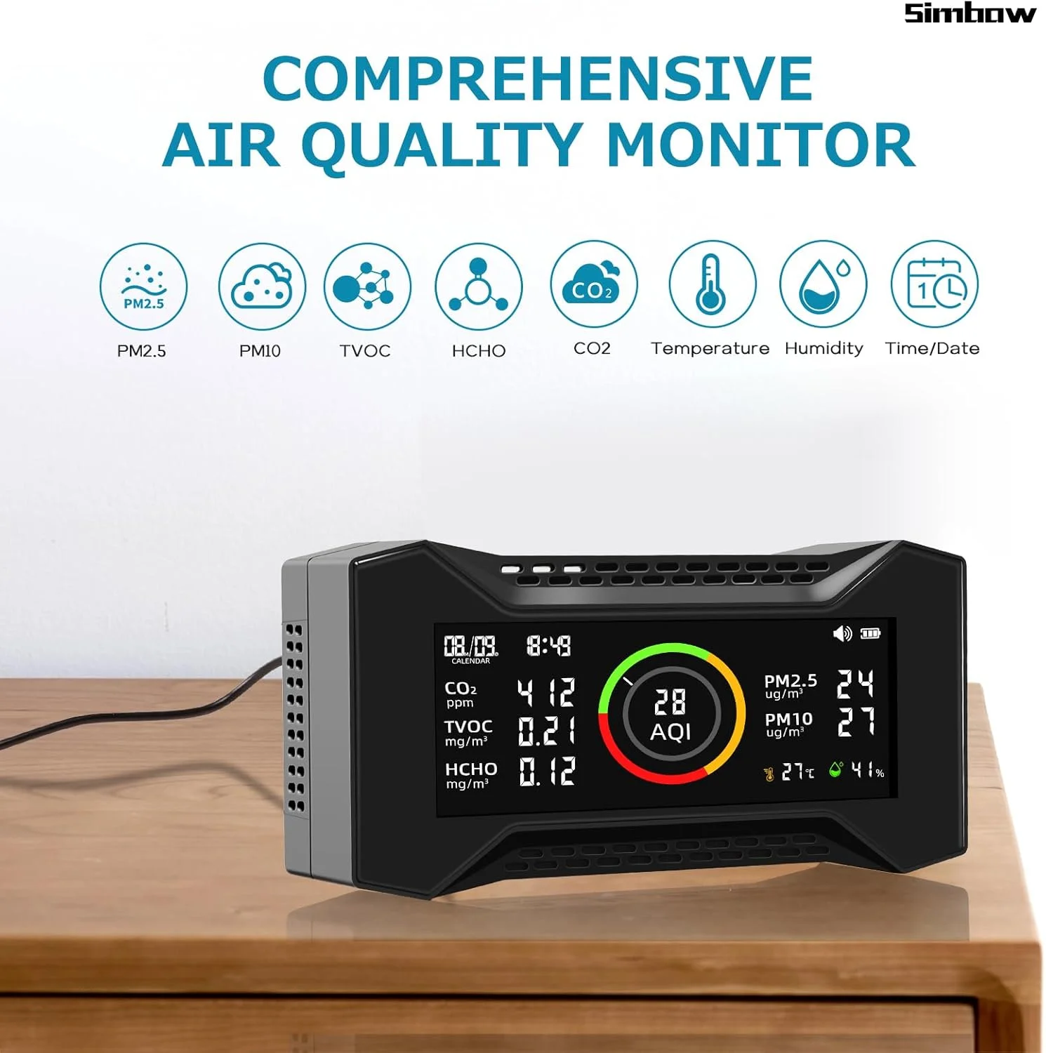 دستگاه سنجش کیفیت هوای داخل سیمبو، قابلیت دانلود گزارش داده، دستگاه قابل حمل سنجش CO2، تشخیص PM2.5، PM10، CO2، VOC، فرمالدهید، رطوبت، دما، تنظیم روشنایی، مناسب برای خانه، دفتر یا مدرسه