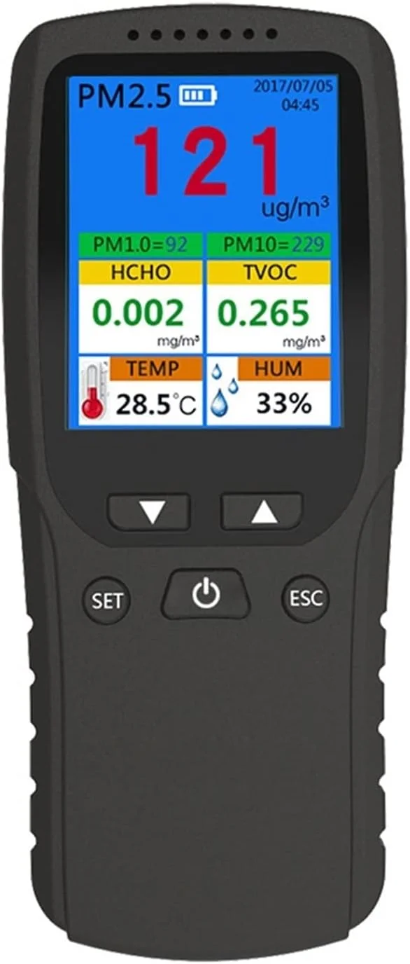 دستگاه تشخیص گاز سیلتد، دستگاه تشخیص فرمالدئید، دستگاه تشخیص گرد و غبار، دستگاه تشخیص مواد فرار، دستگاه تشخیص هوای دستی، آلارم انگلیسی با حجم بالا و صفحه نمایش دیجیتال LCD