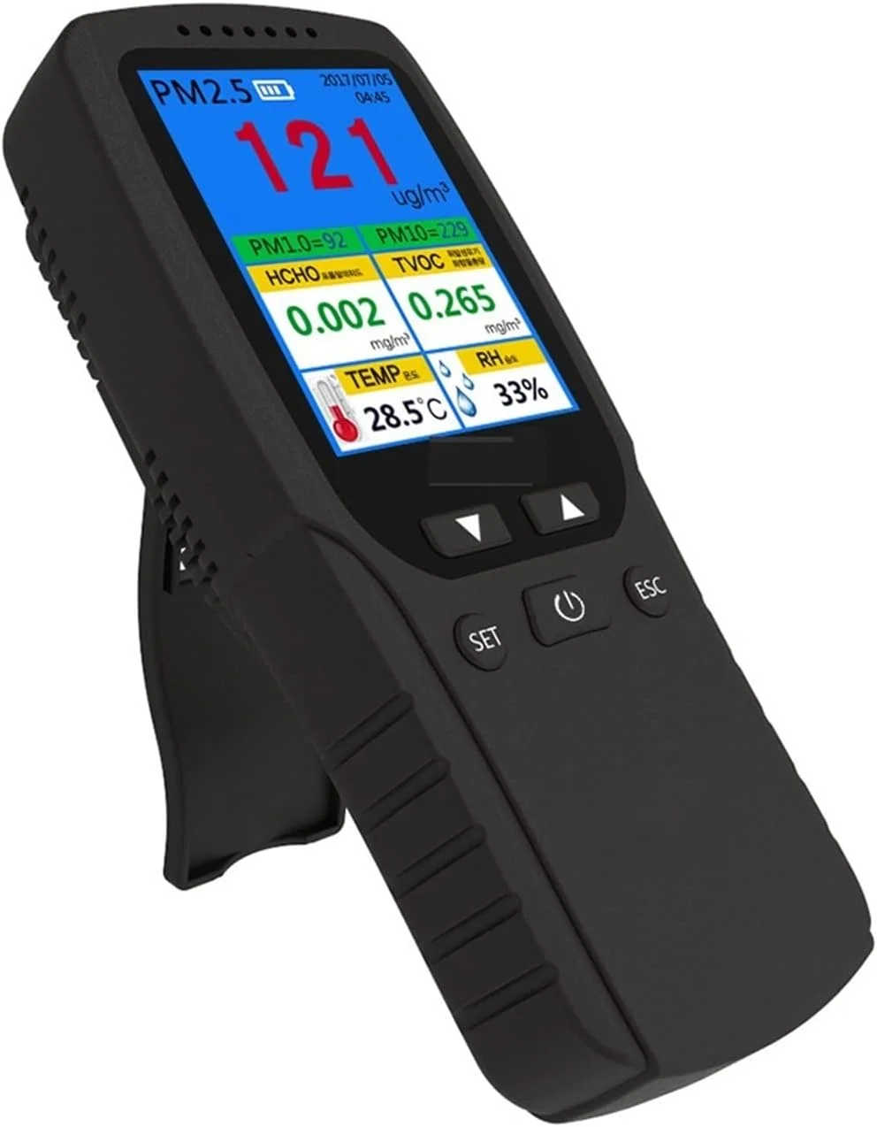 دستگاه تشخیص گاز سیلتد، دستگاه تشخیص فرمالدئید، دستگاه تشخیص گرد و غبار، دستگاه تشخیص مواد فرار، دستگاه تشخیص هوای دستی، آلارم انگلیسی با حجم بالا و صفحه نمایش دیجیتال LCD