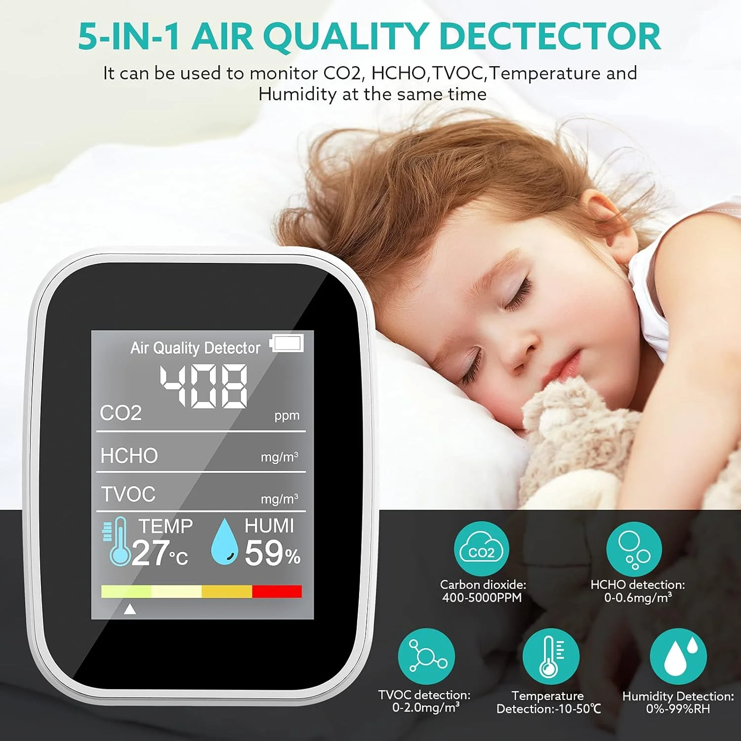 دستگاه سنجش 5 در 1 دی اکسید کربن Shandongmt، مانیتور کیفیت هوا، تستر فرمالدئید، آشکارساز دی اکسید کربن TVOC HCHO، دما، رطوبت، کالیبراسیون آسان، عملکرد زنگ هشدار برای خانه/مدرسه/دفتر