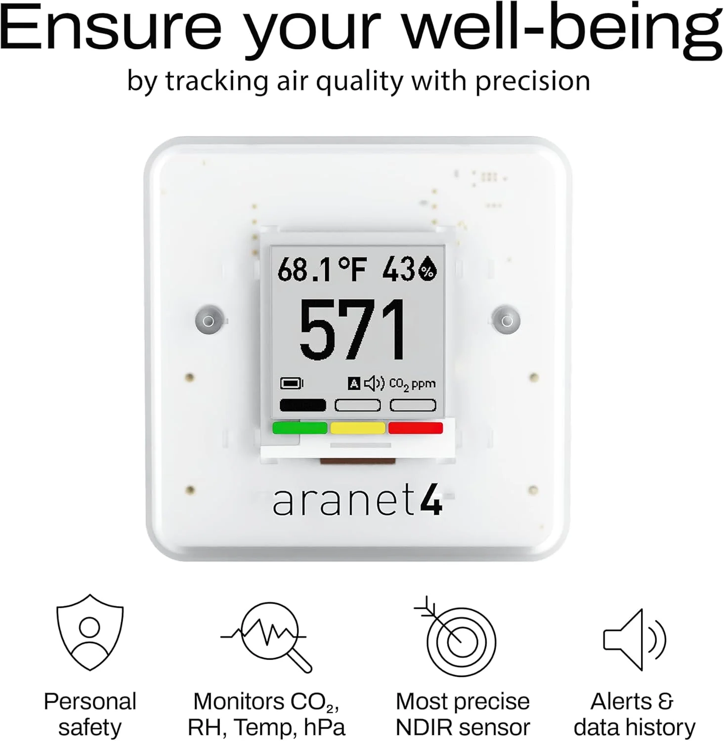 SAF Aranet4 Home: مانیتور کیفیت هوای داخلی بی سیم برای دفتر یا مدرسه (CO2، دما، رطوبت و موارد دیگر) قابل حمل، با باتری، صفحه نمایش E-Ink، برنامه برای پیکربندی و تاریخچه داده