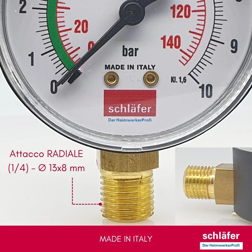 Schläfer 0930168 | فشارسنج هیدرولیک عمودی اتصال شعاعی 1/4 اینچ مقیاس 0-10 بار 63 میلی متر برای سیستم های گرمایش هوا-آب نشانگر فشار هیدرولیک