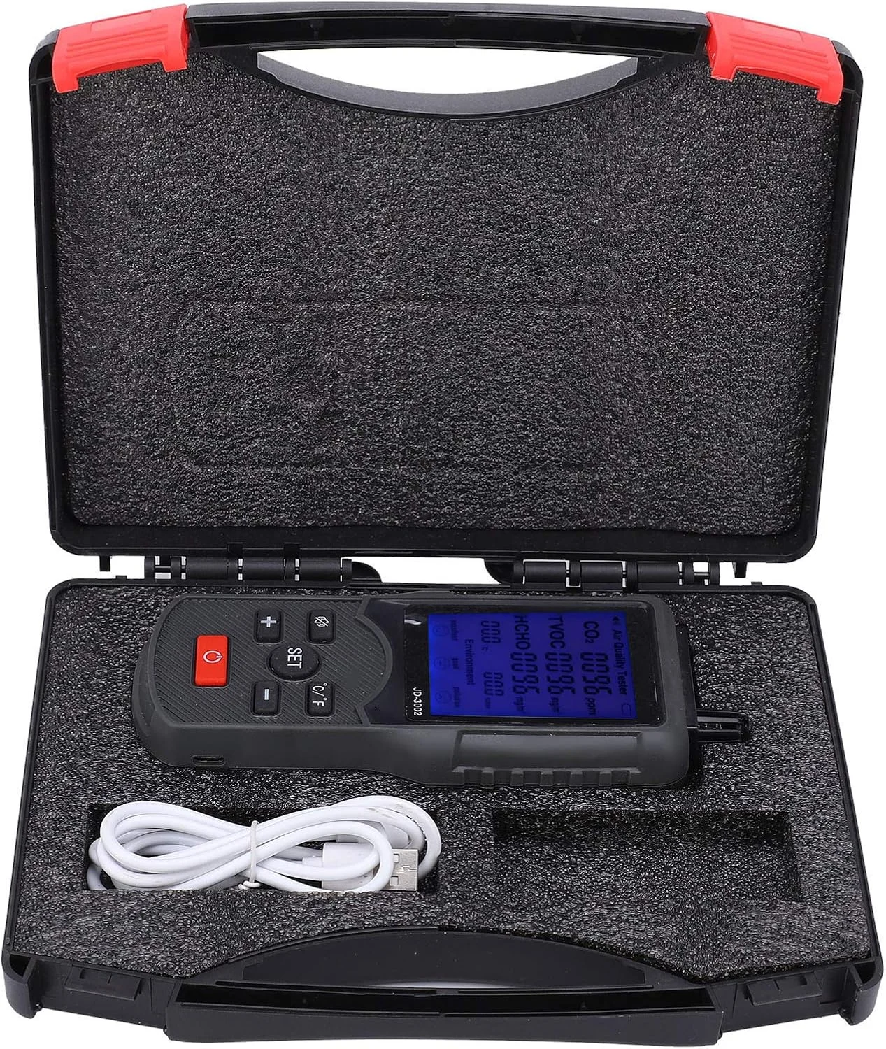 دستگاه سنجش کیفیت هوا RIZGHWOY، ردیاب CO2، متر TVOC HCHO با سنسور دما و رطوبت برای استفاده در منزل، دفتر کار و صنعت مدل JD3002